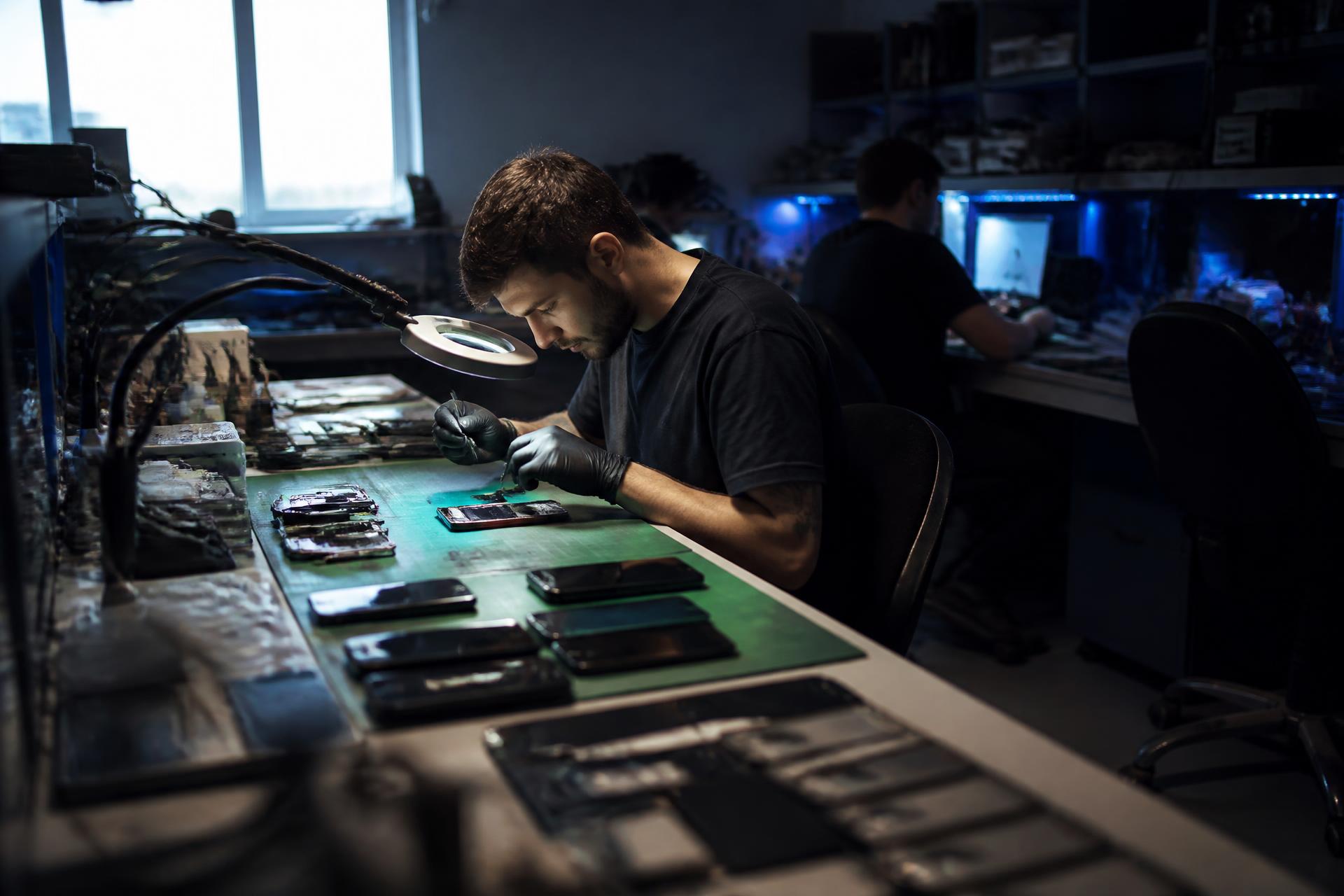 Refurbishing benches lined with tested phones, tablets and laptops